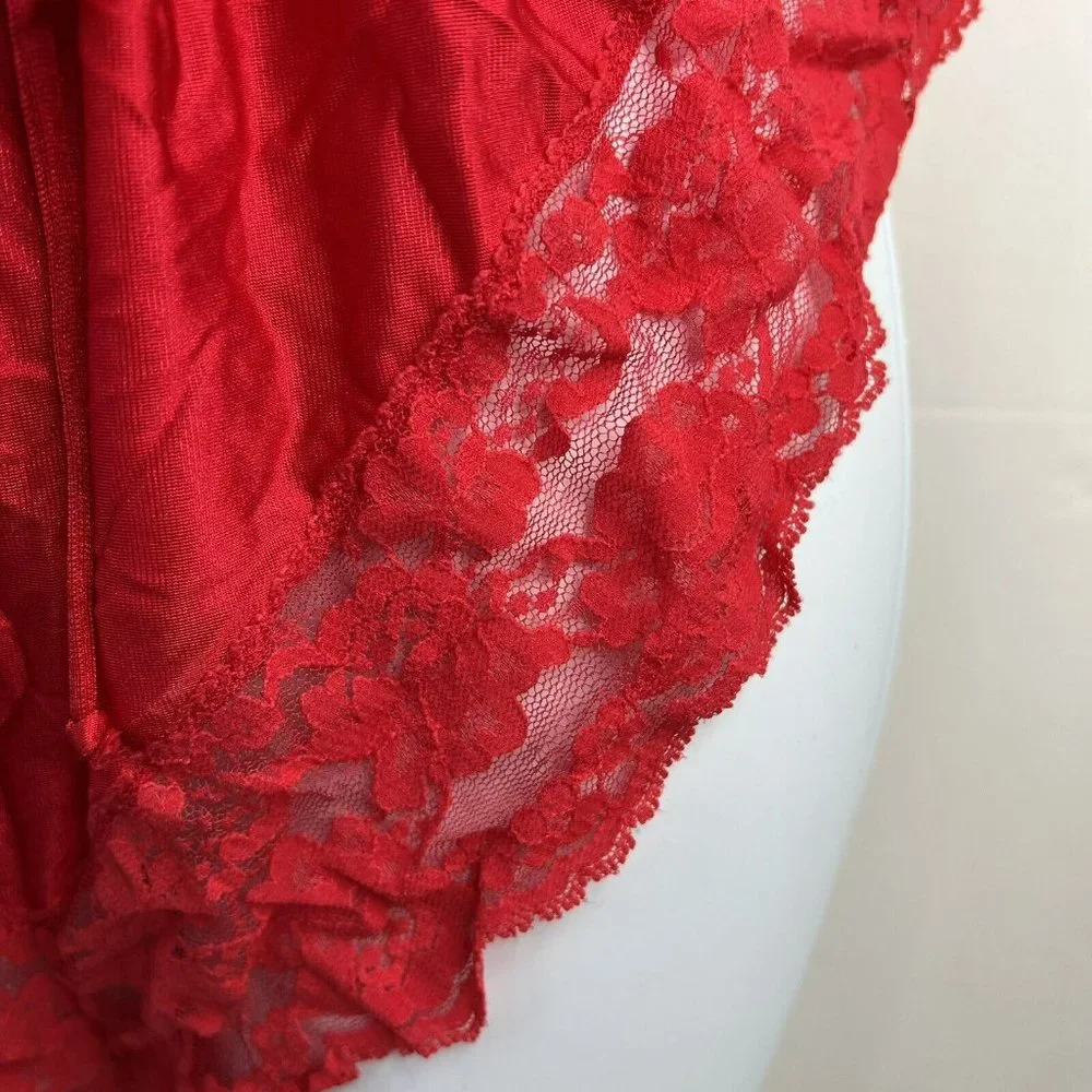 Vintage 70s‎ 80s Teddy One Piece Red Lace Satin Romper Lingerie High Cut Booty M
